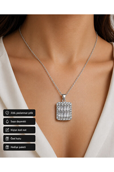 HER ŞEY NOTA www.herseynota.com Sparkling Rectangular Stone Pendant 316L Stai...