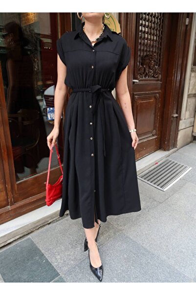 MATTİMODA Crep Kumaş Düğmeli Kuşaklı Elbise