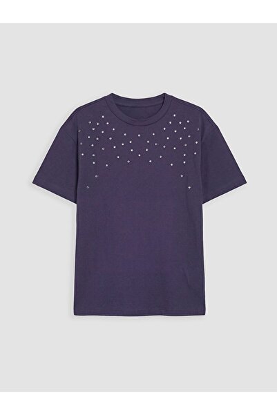 LC Waikiki Tricou pentru fete LCW Kids cu decolteu rotund și broderie cu pietre