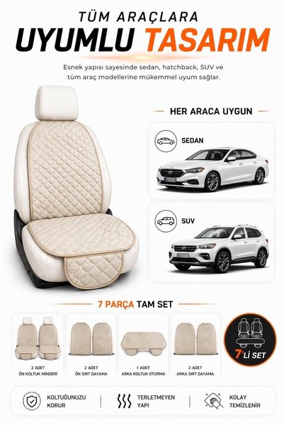 ECARTEKS PREMİUM QUALİTY CAR ACCESSORİES 7-Piece Anti-Sweat Pocketed Anti-Slip Base Linen Car Seat Cover-Cushion Set Beige