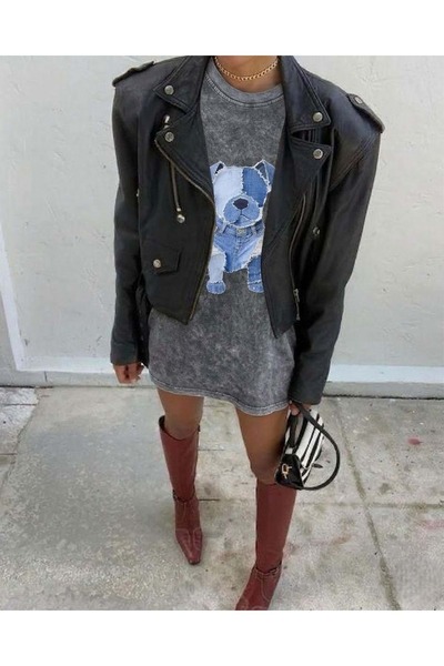 ibeeka Μπλουζάκι με στάμπα σκύλου New Season Drawing Dog, σκούρο γκρι, που πλ...