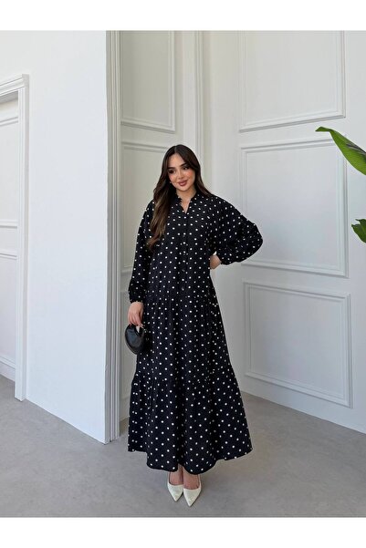 Şeker Portakalım Μακρυμάνικο φόρεμα μποέμ μάξι με πουά σχέδιο, διπλό στρώμα κ...