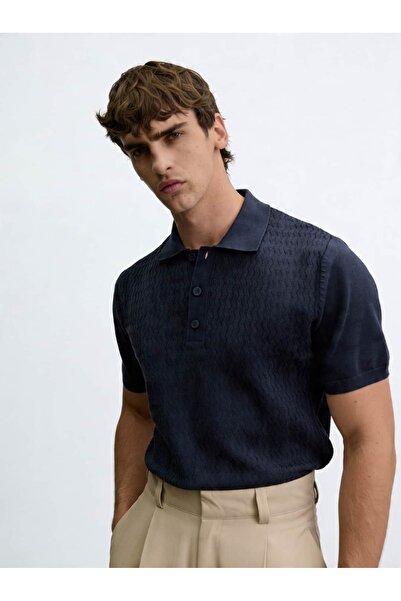 Atelier Old Money Zigzag Desenli Lacivert Triko Polo Yaka T-shirt SS7165