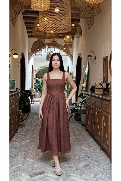 asyadabutik Γυναικείο Μακρύ Φόρεμα με Χοντρές Τιράντες και Κεντημένο Λινό Ύφασμα