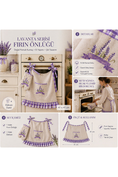 Sister Home Design Lavanta Desenli Fırın Önlüğü & Eldiven Seti 41x41 cm – Pöt...