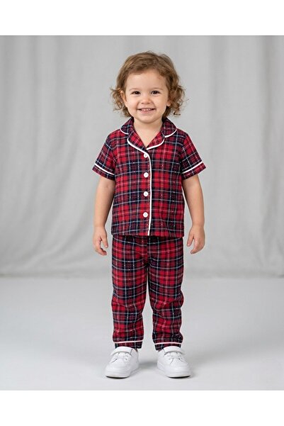 Egelite Καλοκαιρινό καρό καρό εμπριμέ σετ πιτζάμες με διπλό γιακά για ηλικίες...