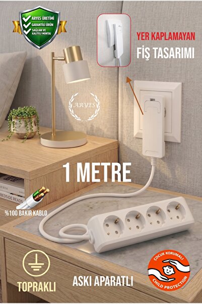 Aryes Dar Alanlar İçin İnce Başlıklı 1 Metre 4'lü Priz - 3x1.5 Bakır İletkenl...