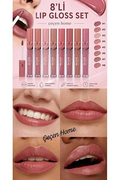 ÇEÇEN HOME 8'li Renkli Lip Gloss Seti, Tavşan Figürlü 8 Renk Mat Likit Ruj Se...