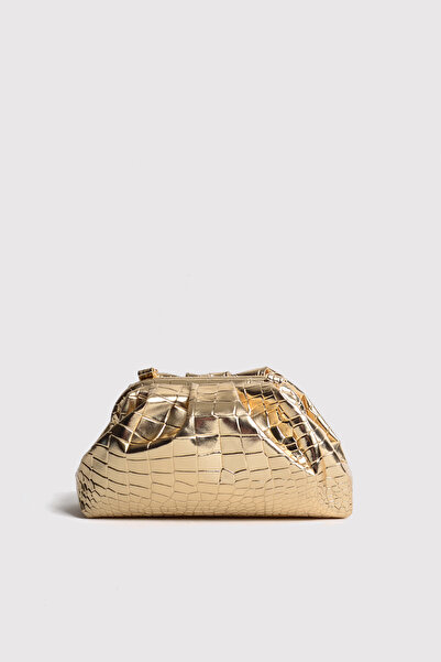 Atelier Nord Gold Kadın Croco Desenli Metalik Deri Clutch Abiye Çanta
