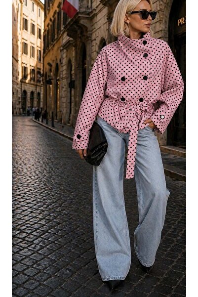 ibeeka Pink Polka Dot Trench Coat with Stand Collar Detail / Polkachic Belted...