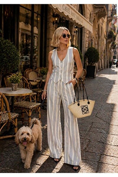 ibeeka Σετ παντελόνι και γιλέκο από λινό βισκόζη με ρίγες Portofino