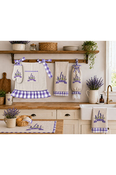 Sister Home Design Lavanta Desenli Mutfak Seti %100 Pamuk – Önlük (41 cm) + H...