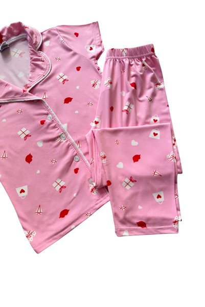 Fil Kids Girl's Cotton Milan Fabric Pink Heart Gift Patterned Shirt Collar White Piping Short Sleeve Pajama Set