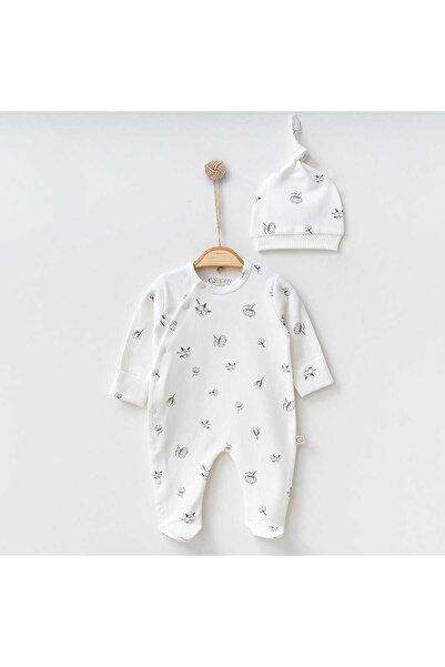 QBABY Organik Pamuk Baskılı Kendinden Eldivenli Önden Düğmeli Patikli Şapkalı...