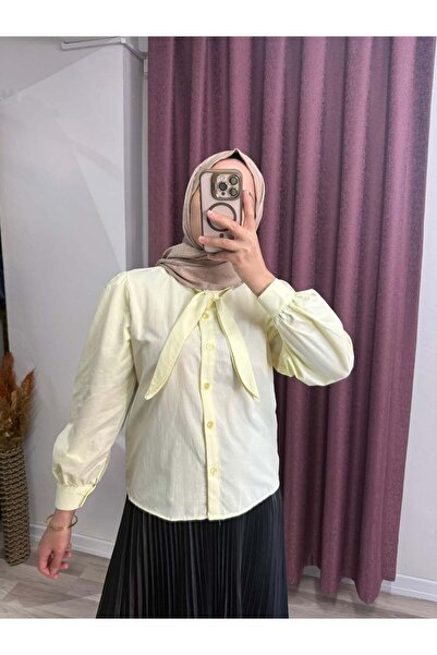 Miraydın Butik Women's Poplin Shirt with Lace-Up Collar and Skirt Top - Yellow