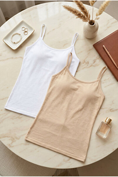 fevien Women's 2-Pack Thin String Strap Cotton Flexible Basic Undershirt Set ...