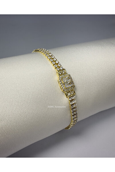 Samu Accessories سوار مزدوج الصفوف مرصع بحجر الباجيت - سوار تنس ذهبي مزدوج ال...