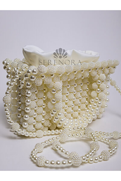 Serenora Women's White Handmade Pearl Bag |   Shoulder Bag with Fixed Pearl S...