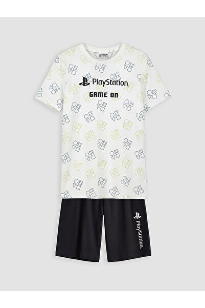 LC Waikiki LCW Kids White Playstation Σετ Πιτζάμες με Σορτς για Αγόρια με Στάμπα
