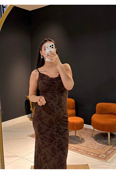 THE BECCA Tül Flok Baskılı Astarlı Kahve Elbise