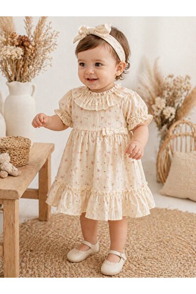 Pure Boutique Rochita fetite crem din bumbac cu imprimeu floral si volane ele...
