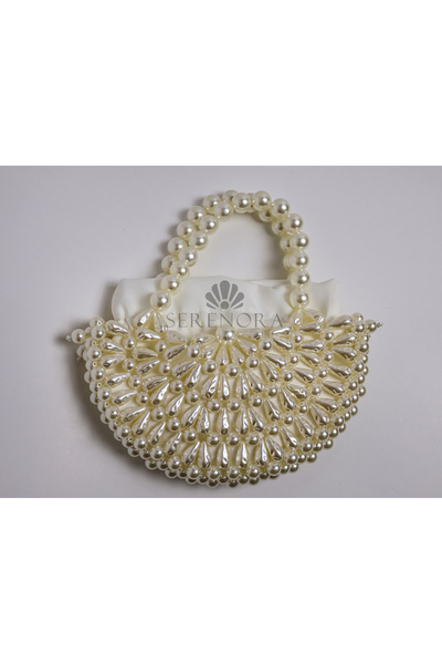 Serenora Women's White Handmade Pearl Bag |   Sabit İnci Handbag with Pearl H...