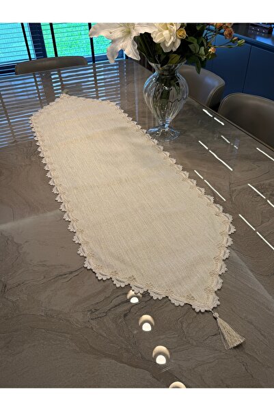 Decamor home Δαντελένιο ράνερ με ρουζέ δαντέλα, λεπτομερή γωνιακή φούντα, χρυ...