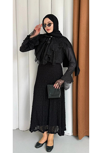 DEFNECE BUTİK Hera Lace and Ruffle Detailed Shirt - Black