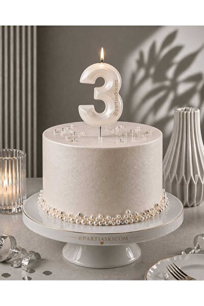 PARTİ AŞKI 3 Yaş Beyaz Sedefli Rakam Mum - Doğum Günü Pasta Mumu - Cupcake Mumu