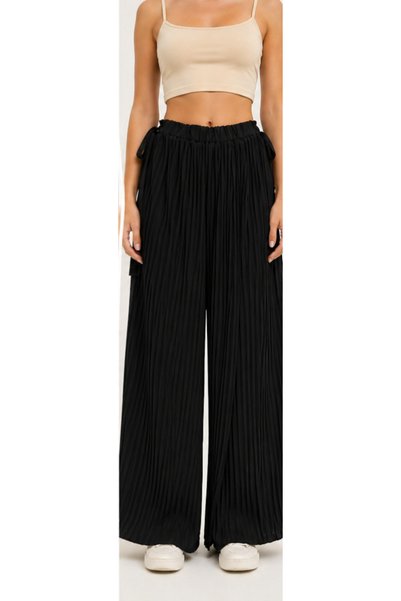 memetti m şekil Women's Black Pleated Elastic Waist Wide Leg Chiffon Trousers