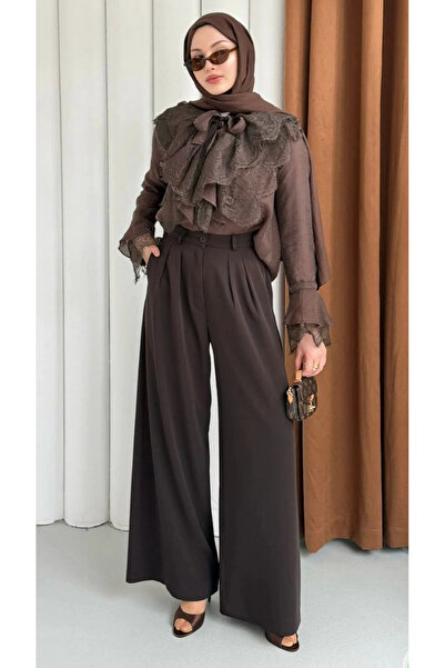 DEFNECE BUTİK Hera Lace and Ruffle Detailed Shirt - Brown