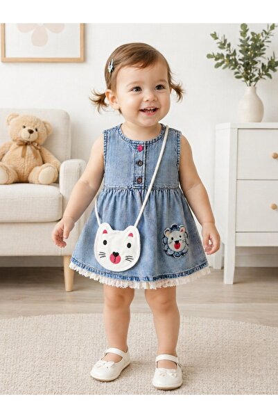 Pure Boutique Τζιν φόρεμα κοριτσιού με απλικέ γατάκια και διακοσμητική τσάντα...
