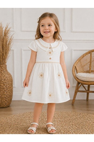 Pure Boutique Κομψό λευκό κοριτσίστικο φόρεμα με φλοράλ κεντήματα και διακοσμ...