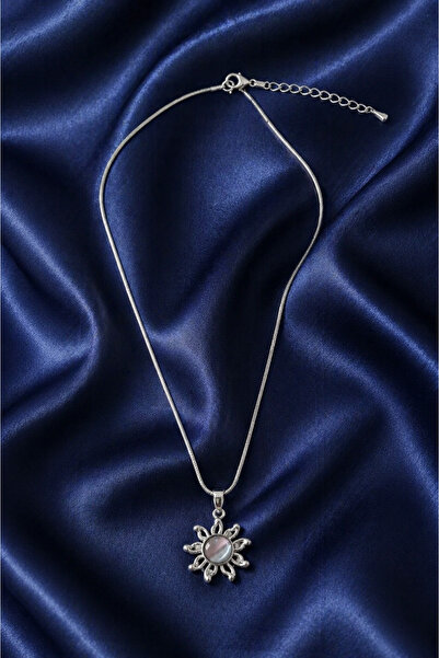 Sylvera Shop Natural Stone Detailed Sun Steel Necklace (Silver Color)