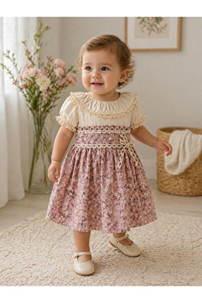 Pure Boutique Κρεμ και ροζ βαμβακερό κοριτσίστικο φόρεμα με στάμπα και δαντέλα