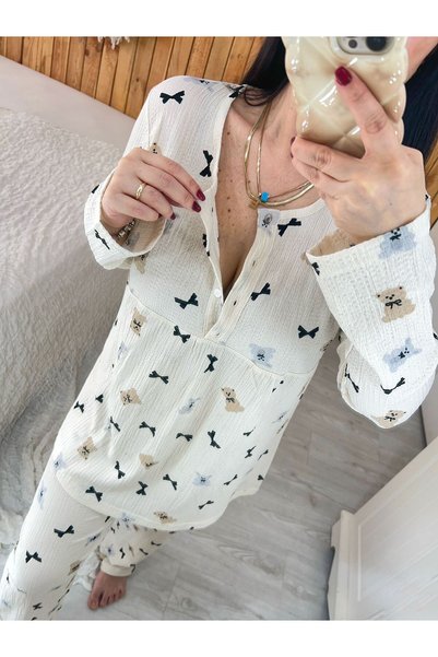 ByGamzeArman Buttoned Teddy Bear Patterned Maternity and Postpartum Pajama Set