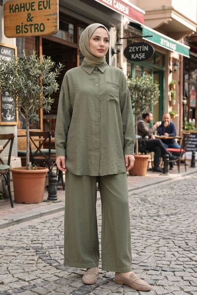 adamila Kadın İkili Tesettür Takım Oversize Gömlek Pantolon Rahat Kalıp Yazlı...