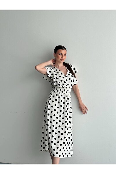 Bella Breeze Γυναικείο Μίντι Φόρεμα Πουά με V-λαιμόκοψη και Ελαστική Μέση, Κο...