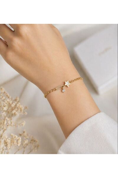 Belasso Steel Gold Color White Color Enamel Star Figured Women's Bracelet