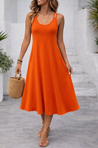 Wear Up Women's Strappy Round Neck Kiloş Long Viscose Dress