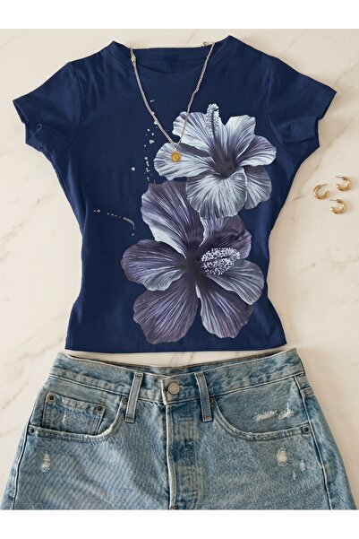 NİCE Women's Trend Floral Printed - Lycra Short Sleeve Body Tee Crop