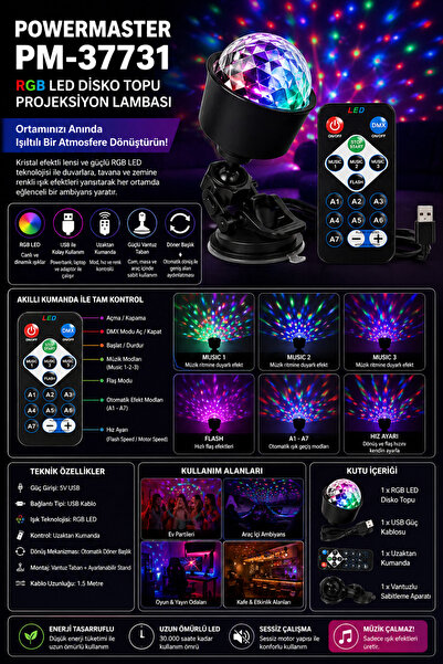 teknohediye POWERMASTER PM-37731 USB Şarjlı RGB LED Disko Topu Projeksiyon Ge...