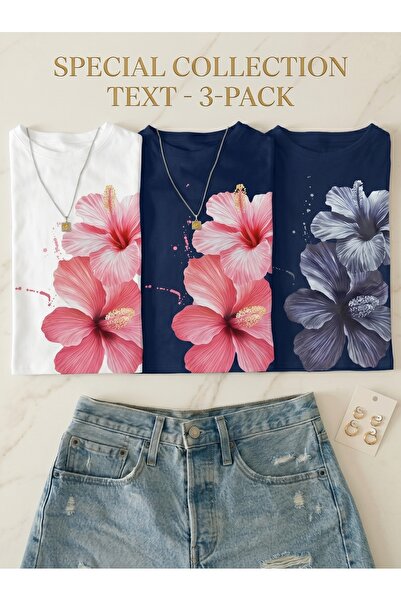 NİCE Γυναικείο μπλουζάκι 3 τεμαχίων με λουλουδάτο σχέδιο - Κοντομάνικο μπλουζ...