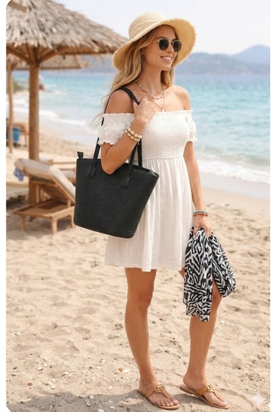 aseh shop Γυναικεία ψάθινη τσάντα μάξι με λουράκι ώμου και επένδυση με φερμουάρ