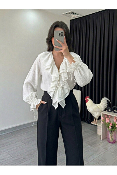 Lovely butik KADIN FIRFIRLI BAĞLAMALI BLUZ VOLAN KOL ŞIK KRUVAZE BLUZ