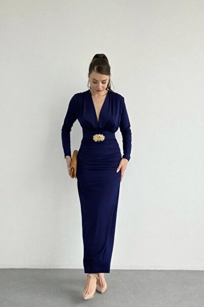 MİROR Γυναικείο μακρύ φόρεμα σε σκούρο μπλε χρώμα με εφέ βάτκα και ντραπέ με ...