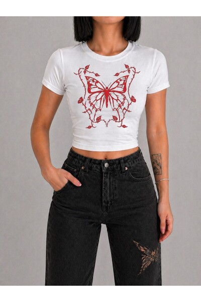 SERBA Γυναικείο μπλουζάκι με στάμπα πεταλούδας σε λευκό χρώμα Basic Slim Fit