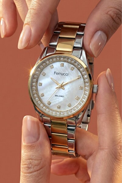 Ferrucci Bileklik Hediyeli Altın/Metalik Kadın Kol Saati 30 mm Taşlı Kadran Ç...