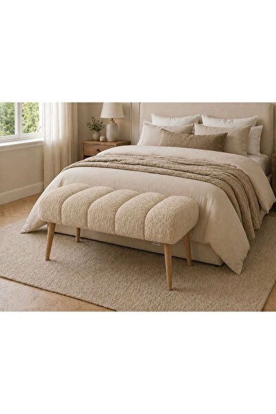 own home Victor Puf Bench, Teddy Kumaş Kaplamalı Ahşap Ayaklı Modern Bench Puf