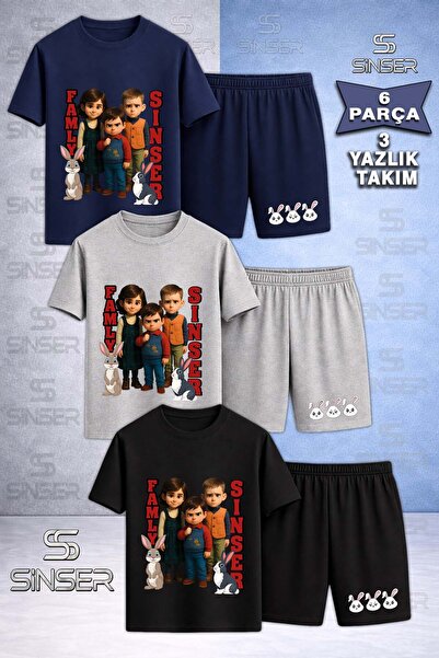 SS SİNSER Children's Sinser Yazili Tavsan Printed Crew Neck 3-Piece T-Shirt -...
